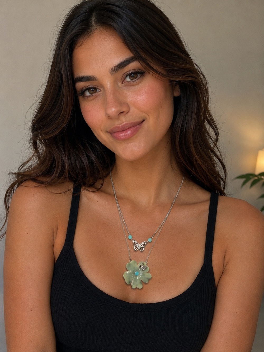 Danish Design Pilgrim Silver tone Layered Butterfly & Green Flower Necklace